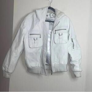White 100% Leather Long Sleeve Bomber Jacket Faux Fur Hood Coat FLAWS